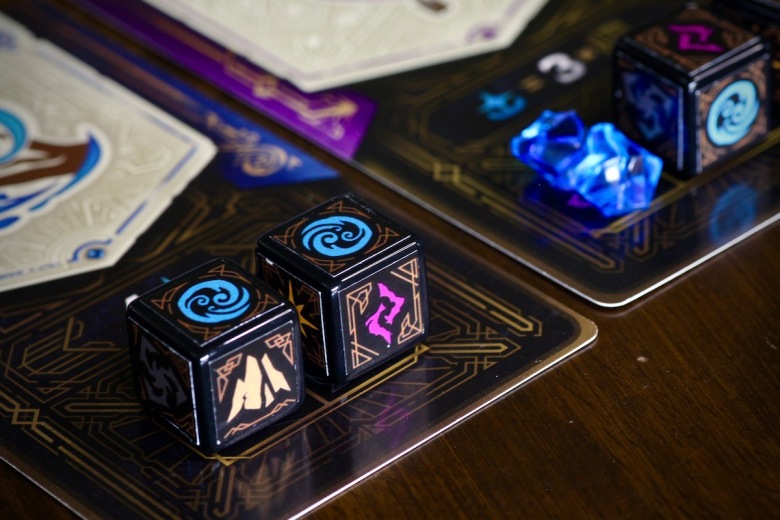 Spell cards, Elemental Dice and Mana Crystals in Mercurial